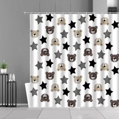 Cartoon Pattern Kids Shower Curtains Cute Bear Star Heart Fun Animal Print Children Room Decor Waterproof Hooks Bathroom Curtain