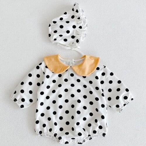 Korean Style Spring Autumn Baby Girls Clothes Infant Baby Girls Cotton Long Sleeve Jumpsuit+Hat Baby Girl Dot Printing Bodysuits