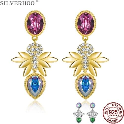 SILVERHOO Emerald Earrings For Women Sterling Silver 925 Heart Drop Earrings Colorful Austria Crystal Party Fashion Jewelry Best