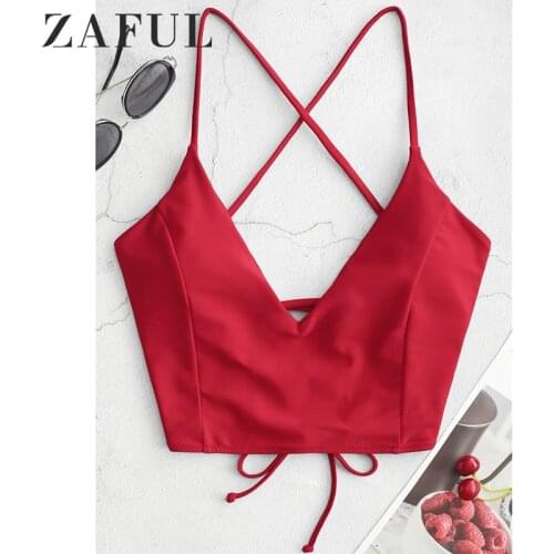 ZAFUL Crisscross Lace-up Cropped Bikini Top Red solid color