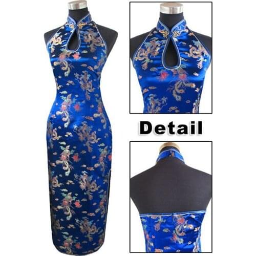 Navy Blue Traditional Chinese Womens Satin Halter Cheongsam Long Qipao Backless Dress Costume Clothing S M L XL XXL XXXL J3400
