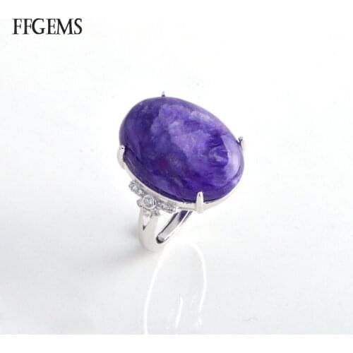 Big Stone 15*20mm Natural Charoite Real 925 Silver Ring Gemstone Fine Jewelry Women Engagement Wedding Gift