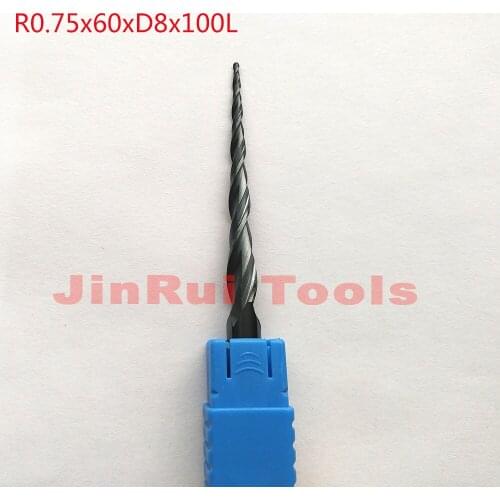 1pc R0.75*D8*60*100L*2F HRC55 Tungsten solid carbide Coated Tapered Ball Nose End Mills CNC milling cutters knife