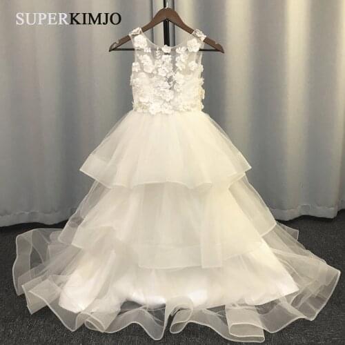 Ball gown flower girls dresses 2019 real picture tiered ruffle lace appliques floor length long little girls wedding party dress