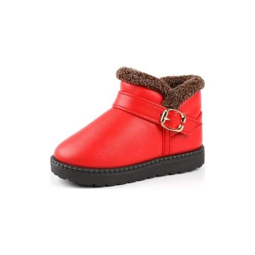 New Snow Boots For Girls Spuare Heel Round Toe Rubber shoes Winter Soft Leather Red Mid-Calf Plush Children Platform Snow shoes