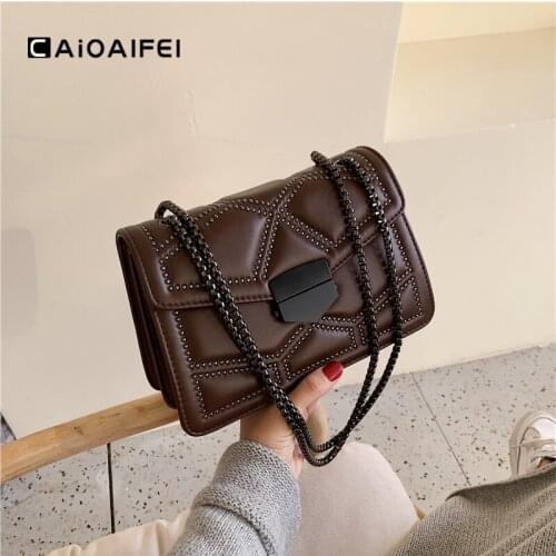 CAIOAIFEI winter fashion rivet women crossbody bag chain PU leather female luxury handbags plaid ladise shoulder flap bag