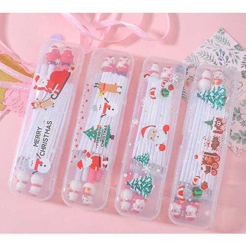 1 Set Christmas 4 Pcs Gel Pen+10 Pcs Refils Set Student Cartoon Transparent Pencil Case Set Plastic Pencil Case Stationery Gifts