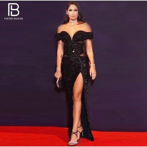 PB Chic Black Sequins Long Dress Sexy Off Shoulder Short Sleeves Mesh Splicing Celebrity Party Club Vestido Free Shipping