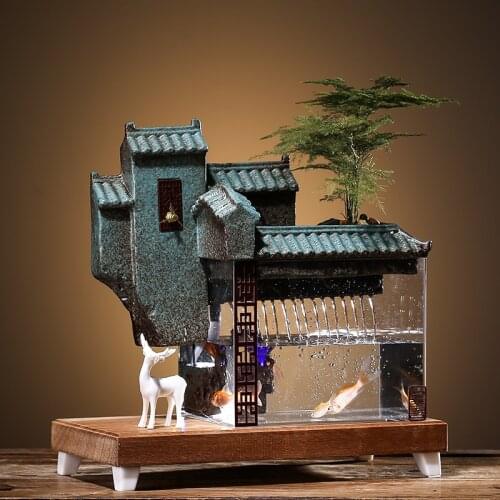 Ceramic Decorative Indoor Water Fountains Office Living Room Feng Shui Fountain Home Decor Ornaments Acrylic Aquarium Fish Tank