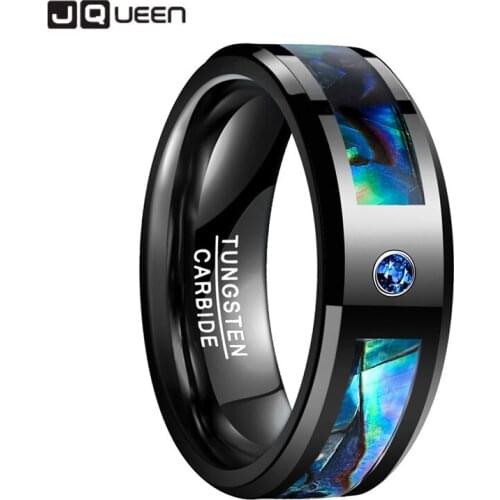 AAA quality Men Women Wedding Band Black Tungsten Ring Abalone Shell Tungsten Steel Ring with Blue CZ Stone Finger Jewelry