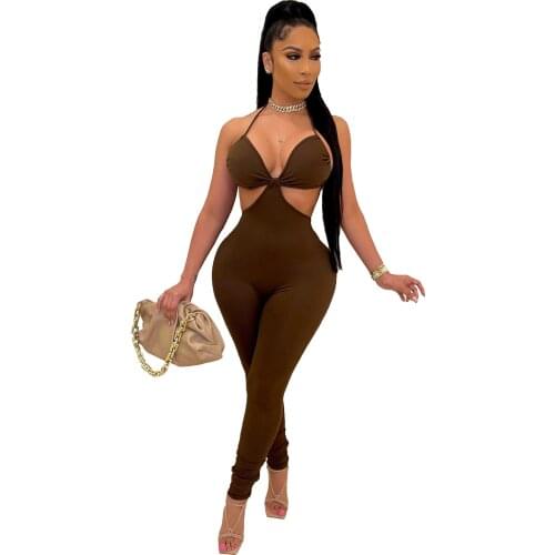 Sexy V Neck Cut Out Brown Jumpsuit Women Summer Elegant Spaghetti Strap Backless Bandage Pants Body Club Romper Jumpsuit Overall