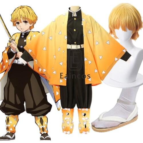 Anime Demon Slayer Kimetsu No Yaiba Agatsuma Zenitsu Uniform Cosplay Costume Kimono Cloak Wig
