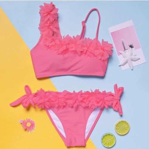 Kids Baby Girls Floral Two Piece Bikini Swimwear Swimsuit Beachwear Infant Kids Solid Pink Swim Wear Flower Clothes Suit