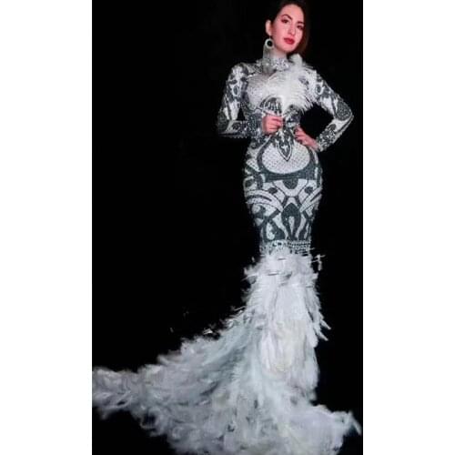 Fashion Sparkly Rhinestones Feather Maxi Dress Sexy Full Beading Long Big Tail Dress Costume Prom Birthday Celebrate Dresses