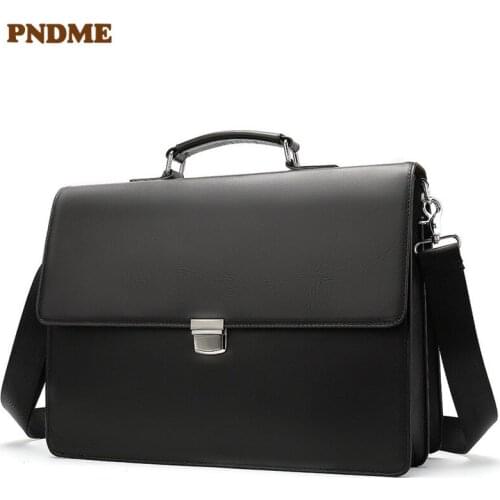 PNDME high quality business genuine leather black mens briefcase casual simple laptop bag office shoulder messenger bags 2019