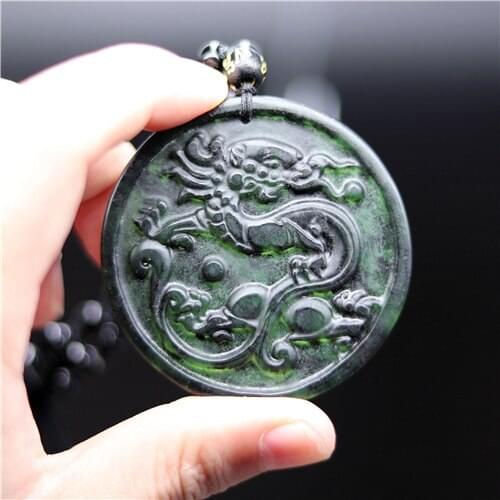 Natural Black Green Jade Chinese Dragon Pendant Necklace Hand Carving Charm Jewelry Carved Amulet Luck Gifts for Men Her