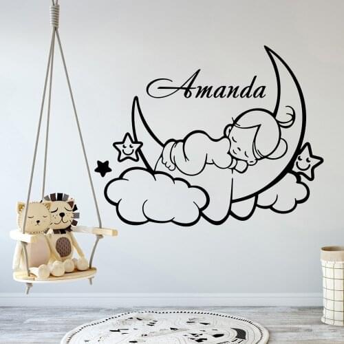 Personalized Girl Name Wall Decal Custom Baby Name Vinyl Art Sticker for Nursery Room Moon Star Wall Mural Decals Wallpaper B328