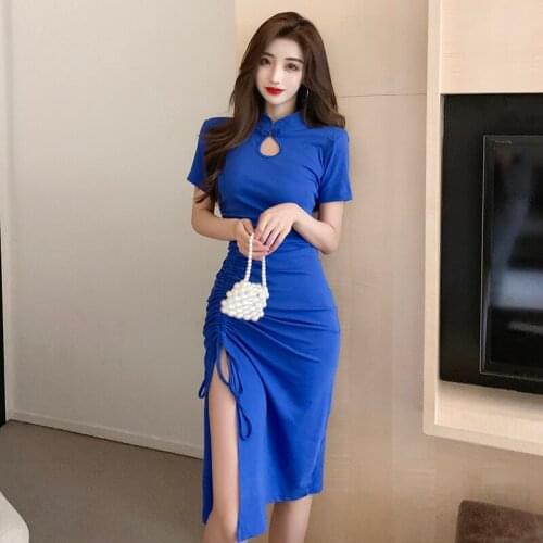 Vintage Style Cheongsam Dresses for Women Hollow Out Stand Summer Bandage Bodycon Dress Black Blue Summer Fashion Female