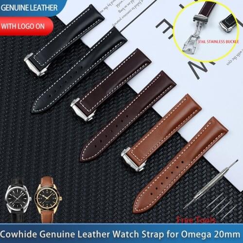 20mm Genuine Cow Leather Watch Band For Omega Strap Seamaster 300 DE VILLE AT150 AQUA TERRA 150 Watchband Deployment Buckle Tool