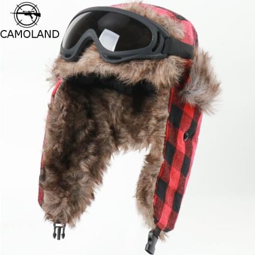 CAMOLAND Plaid Design Winter Bomber Hats Women Men Thermal Faux Berber Fleece Earflap Cap Russian Ushanka Hat With Goggles