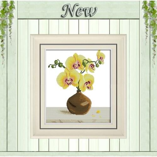Yellow Phalaenopsis flower vase painting Counted printed on canvas 14CT 11CT chinese Cross Stitch Needlework kit Embroidery Sets