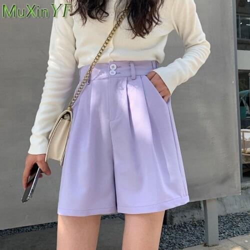2021 Summer New Chiffon Suits Shorts for Women Leisure Loose Wide Leg Pants Office Lady Solid Purple High Waist Casual Pant