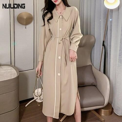French Retro Women Single-breasted Dress With Belt Autumn Long Sleeve Split Polo Collar Dresses Female Shirts Dress Vestidos New
