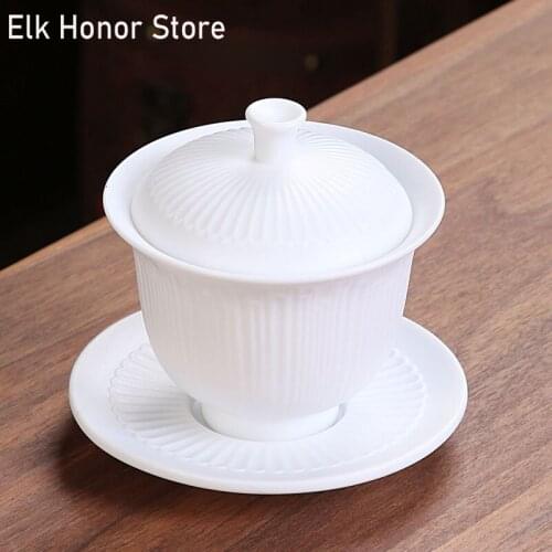 150ml Jade Mud Arabesquitic Ceramic Whiteware Three-Force Cover Bowl Large Kung Fu Tea Cup Bowl Handmade Ceramic Tea Cup Gaiwan