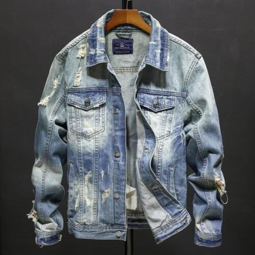 2021 Brand Vintage Ripped Denim Jacket Men Fashion Streetwear Autumn Hole Jean Overcoat Slim Top Outerwear Motorcycle Jackets