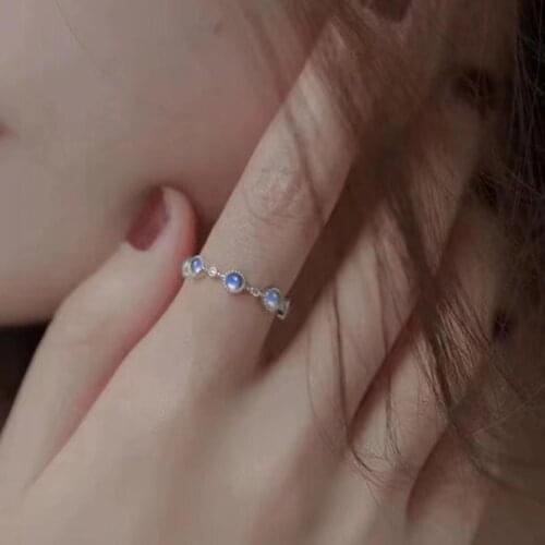 925 Silver Ins Ring Rainbow Blue Natural Moonstone Engagement Wedding Band Ring In Sterling Silver Adjustable Open Size Jewelry