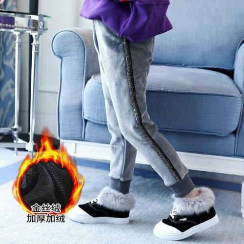 Kids Girls Pants Autumn Winter Children Side Stripe Elastic Sweatpants Gold Velvet Warm School Pants for Girls 3 6 8 12 14 Years