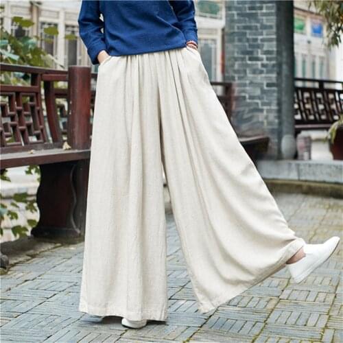 Wide Leg Linen Pants Women Traditional Chinese Clothing Yoga Tai Chi Uniform Breathable Solid Color Leisure Trousers Sportswear