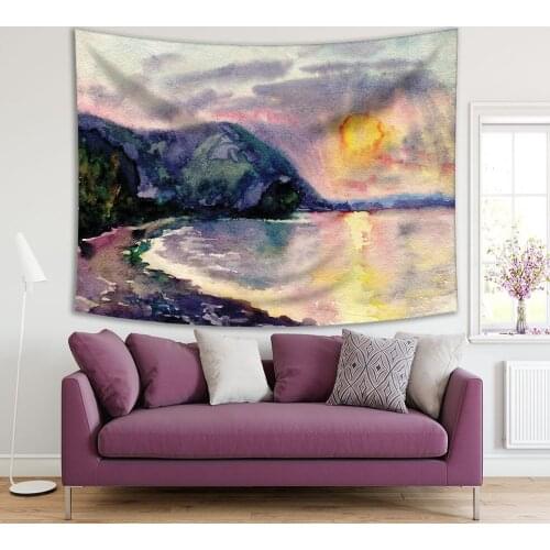 Tapestry Waterscape with Sunset Seaside Hill Cliff Nature Watercolor Painting in Dark Blue Pink Yellow Artful Decor