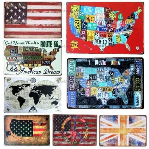 Country Map Metro Metal Tin Sign Us Route 66 Vintage Plaque Bar Pub Club Garage Wall Art Poster Decorative Wall Sticker 30X20Cm