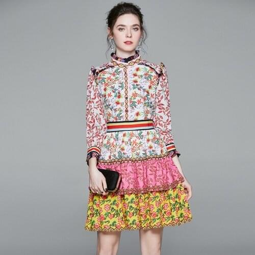 Fashion Designer Cascading Ruffles Layers Cake Dress Women Ruffled Collar Flower Printed Striped High Waist A Line Short Dresses