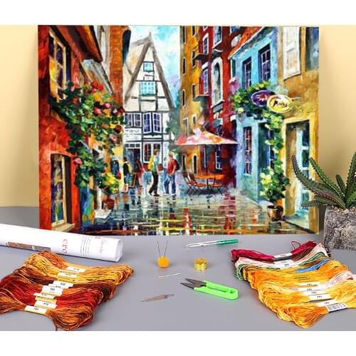 Morning In Bavaria Printed Water-Soluble Canvas 11CT Cross Stitch Embroidery Kit DMC Threads Painting Craft Hobby Stamped