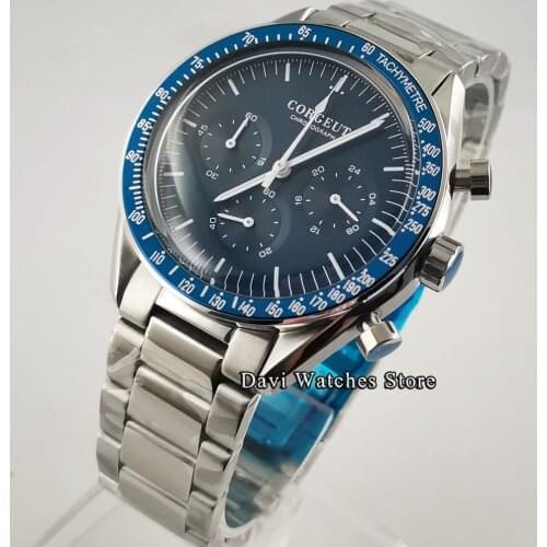 New 40MM Corgeut Blue Dial Bezel Ring Top Luxury Mens Watches 24-Hour Multi-Function Stainless Steel Chronograph Quartz Watch