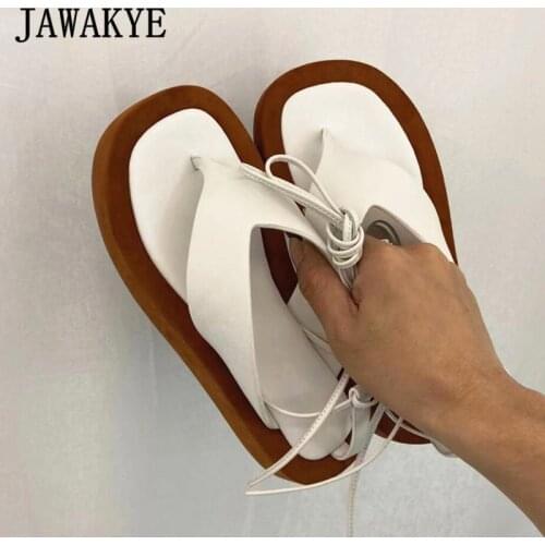 Rome Flipflop Thick Sole Women Sandals Ankle Cross Tied Flat Platform Beach Shoes Comfort Clip-on Heightened White Black Sandals