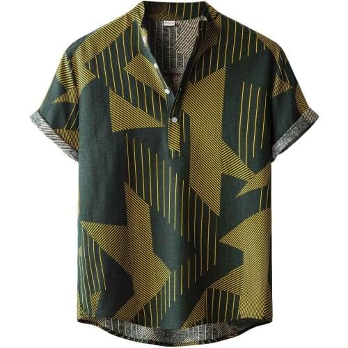 New Fashion Summer Men Shirts Vintage Ethnic Casual Short Sleeve Linen Shirt Blouse Vestidos Dress Shirts Print Camisas рубашка