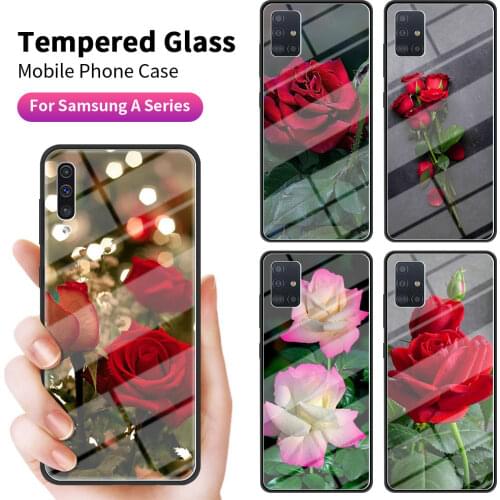 Glass Phone Case For Samsung Galaxy A50 A51 A71 A72 A70 A31 A30 A10 A40 A41 A21s M31 M51 Tempered Covers Roses Flowers