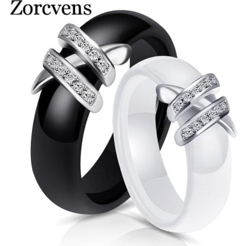 ZORCVENS Best 6mm High Quality Black And White Simple Style Two Line Crystal Ziron Ceramic Rings For Women Fashion Jewelry Gift