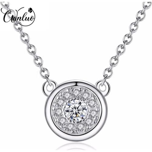 WANLUO Office Lady Genuine 925 Sterling Silver Chain Necklace AAA+ CZ Cubic Zirconia Round Pendant Necklace Party Fine Jewelry