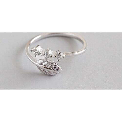 WYJZY Creative leaf inlay 4A zircon sterling silver opening ring for women fashion ladies casual wear jewelry exquisite gift