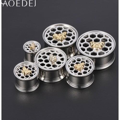 AOEDEJ 1 Pair 316L Stainless Steel Ear Tunnel Plugs Silver Color Bee Honeycomb Shape Flesh Body Piercing Jewelry