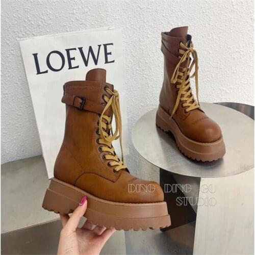 Womens Platform Ankle Boots For Autumn Lace-Up Round Toe Matte Black Brown Ankle Buckle Chunky Heels Booties Zipper Fashion