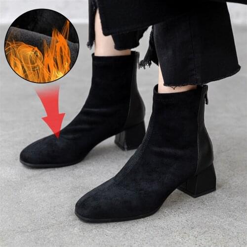 Plus Size 34-43 Slim Stretch Ankle Boots for Women Sock Boots Square High Heel Boots Shoes Woman Fashion Feminina Women Boots