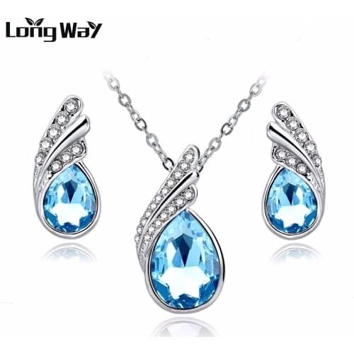 LongWay 2019 Fashion Jewelry Sets Silver Color Rhinestone Jewelry Sets Blue Crystal Necklace Earrings Set For Women SET150037