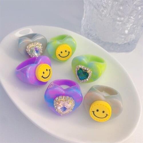 2021 Korean Lovely Yellow Smiley Acrylic Resin Geometric Heart Love Ring For Women Girls Bff Charm Aesthetic Y2K Jewelry Gifts