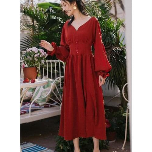 High Quality Best-selling Retro Fashion 2019 Autumn Winter New Arrival V Collar Solid Color Lantern Sleeve Woman Long Dress Red