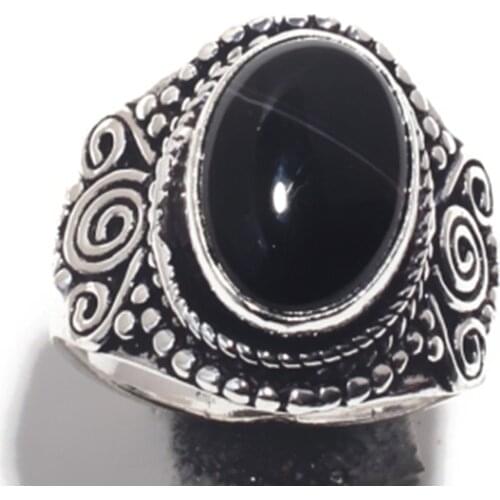Genuine Black Onyx Ring Silver Overlay over Copper, Hand Made Women Jewelry gift, R6773, USA Size : 9.25